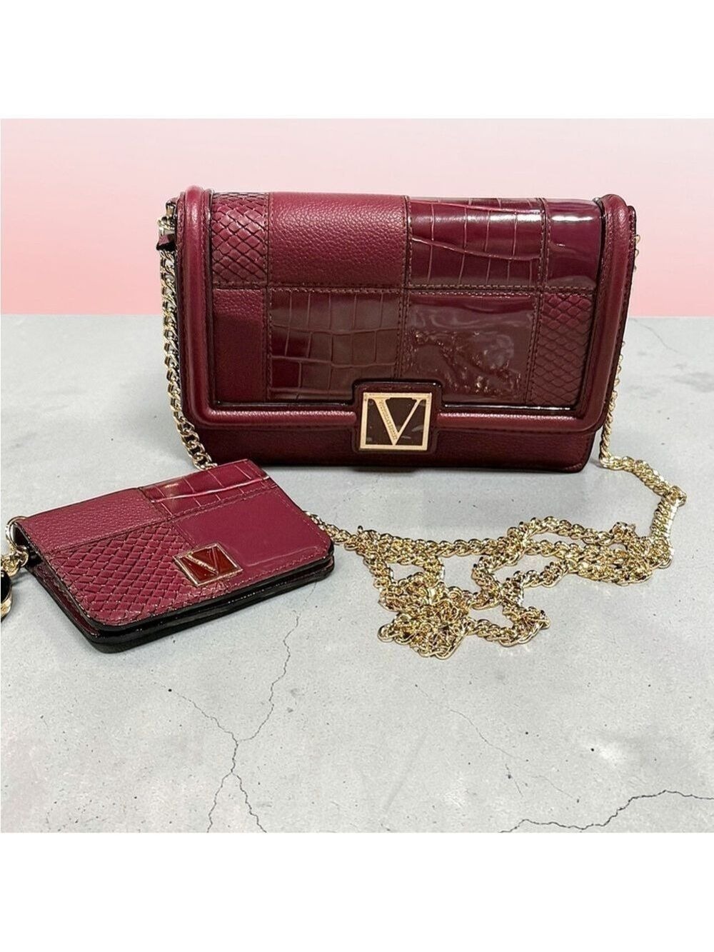 Victoria's Secret Bordeaux Patchwork Shoulder Bag Card Case Set
